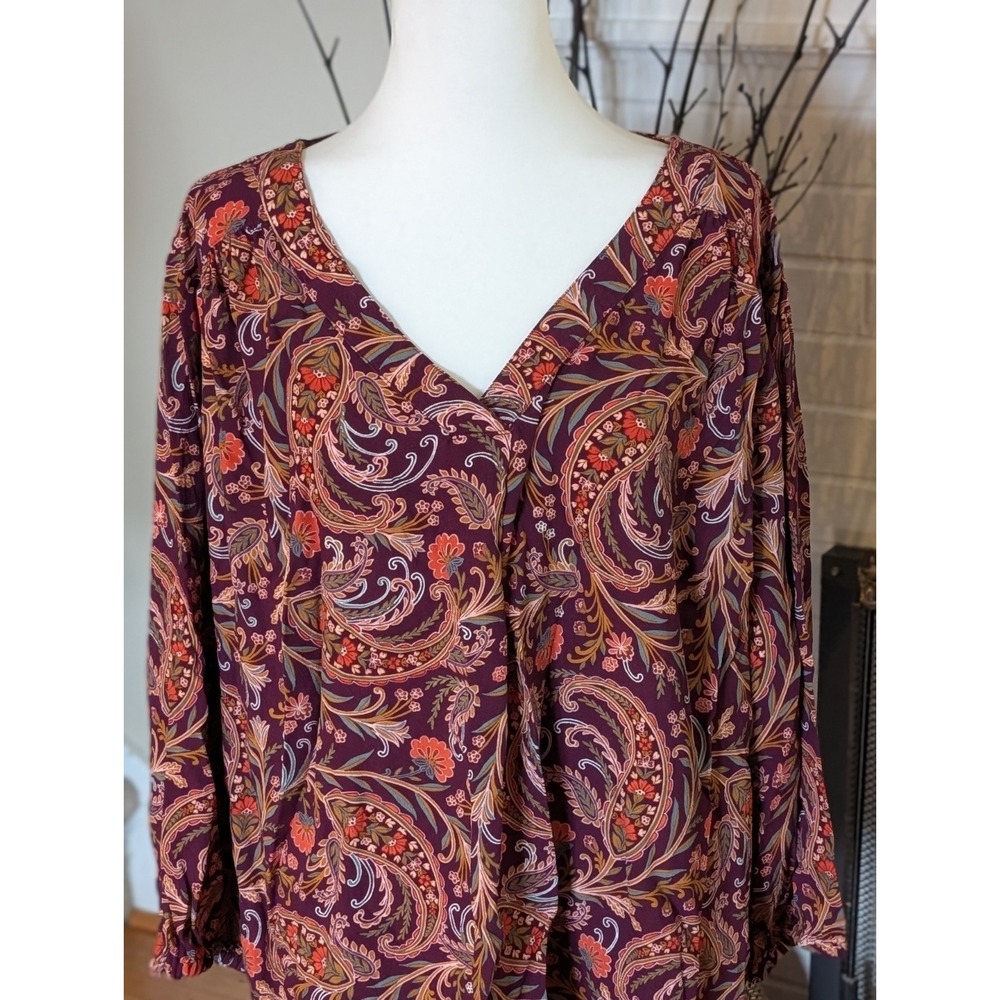 Paisley Peasant Blouse 3X Burgundy Orange Boho V-Neck Rayon Top St. John's Bay